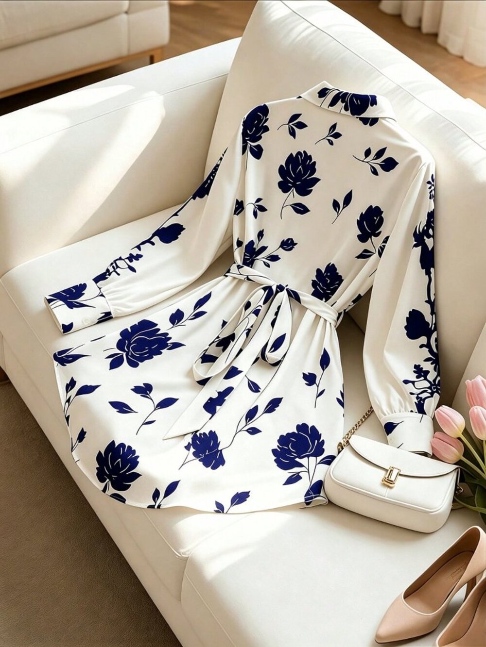 Blue Casual Women's Plus Size Floral Tie Front Long Sleeve Shirt - Picture 2 of 5